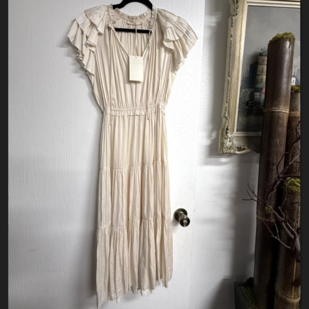 Ulla Johnson Blaire Ruffled Sleeve Satin Dress in color Blanc